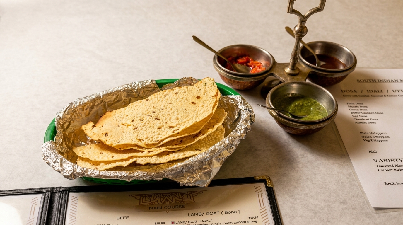 Papadum in a basket with foil, alongside three metal bowls of sauces and a menu.
