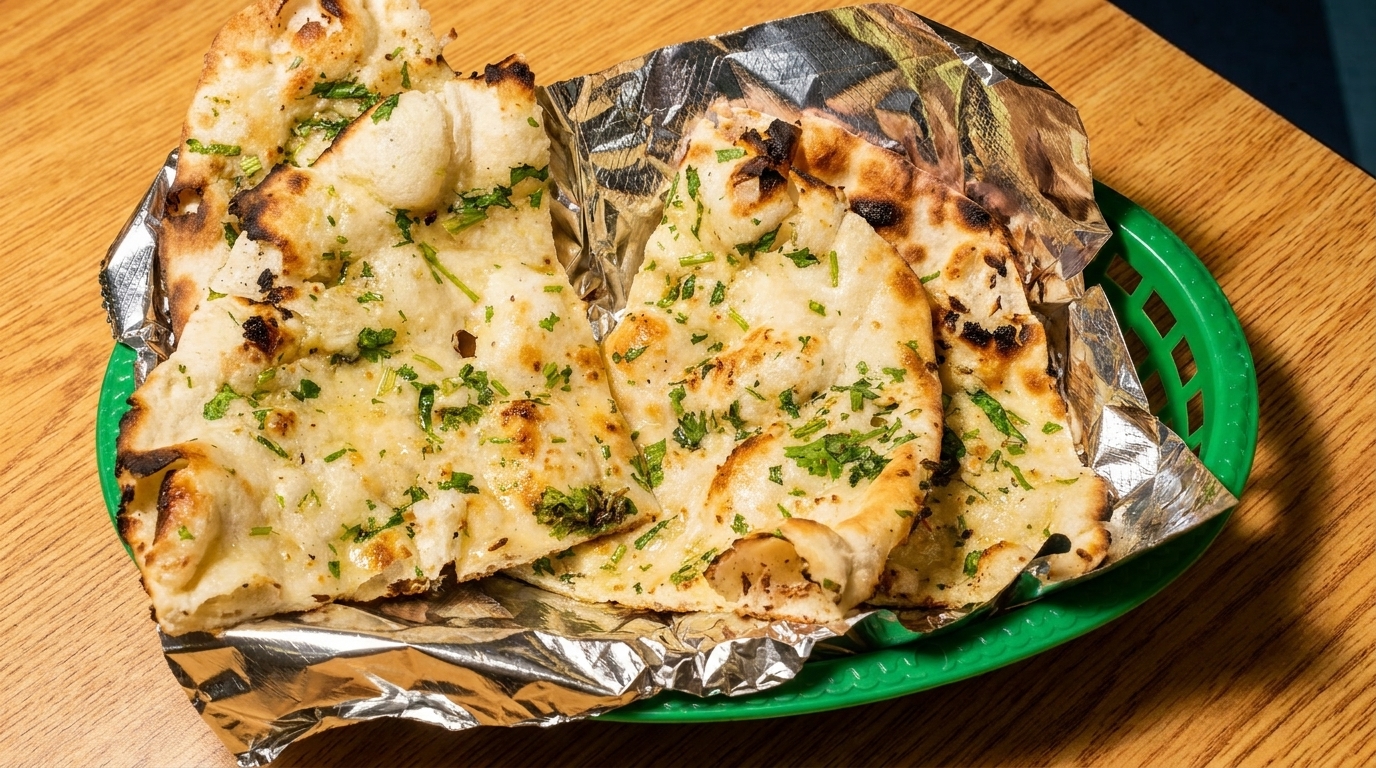 Garlic naan bread with cilantro, served in a green basket lined with foil on a wooden table.