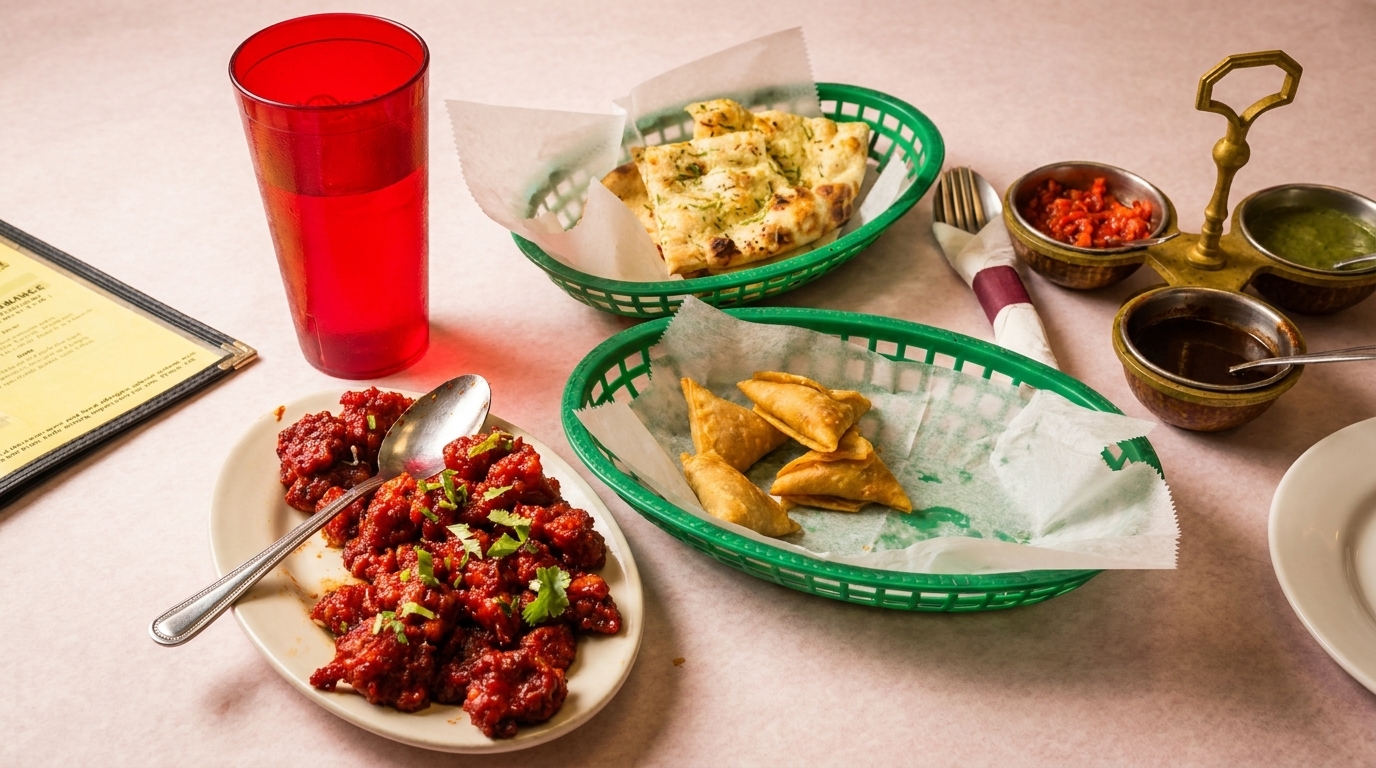 A table set with Indian dishes including chicken, samosas, naan, and chutneys.