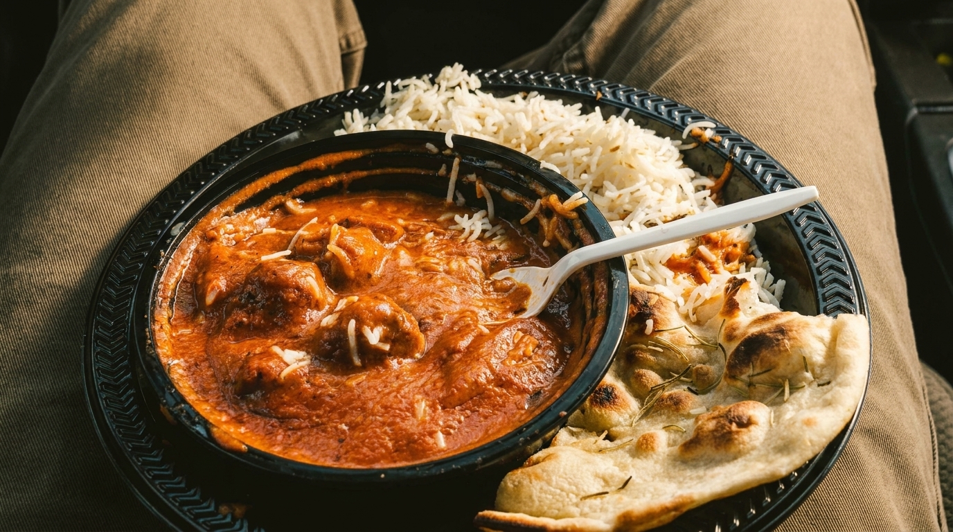 Indian butter chicken, rice, and naan bread in a black takeout container on a person's lap.