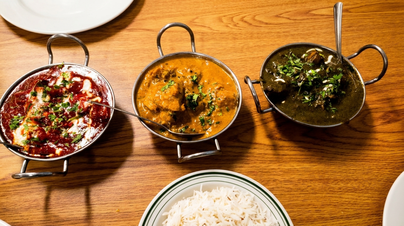 Three Indian curries in metal bowls with rice on a wooden table.