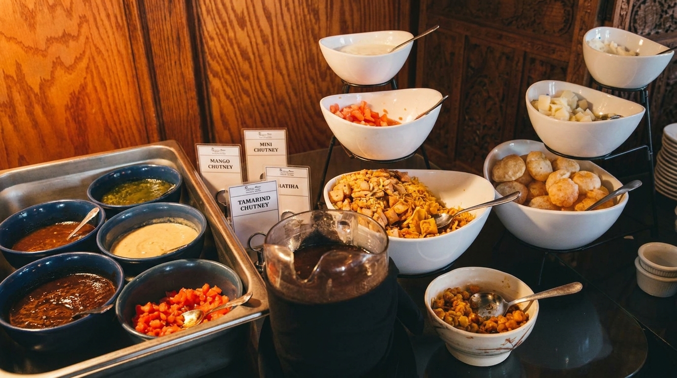A buffet spread with various chutneys, toppings, and snacks in bowls on a dark table.