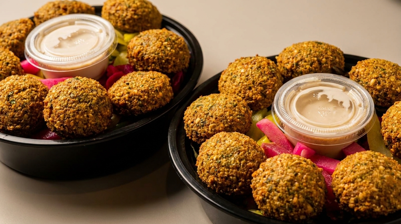 Two black bowls filled with golden falafel, pickled vegetables, and a side of tahini sauce.