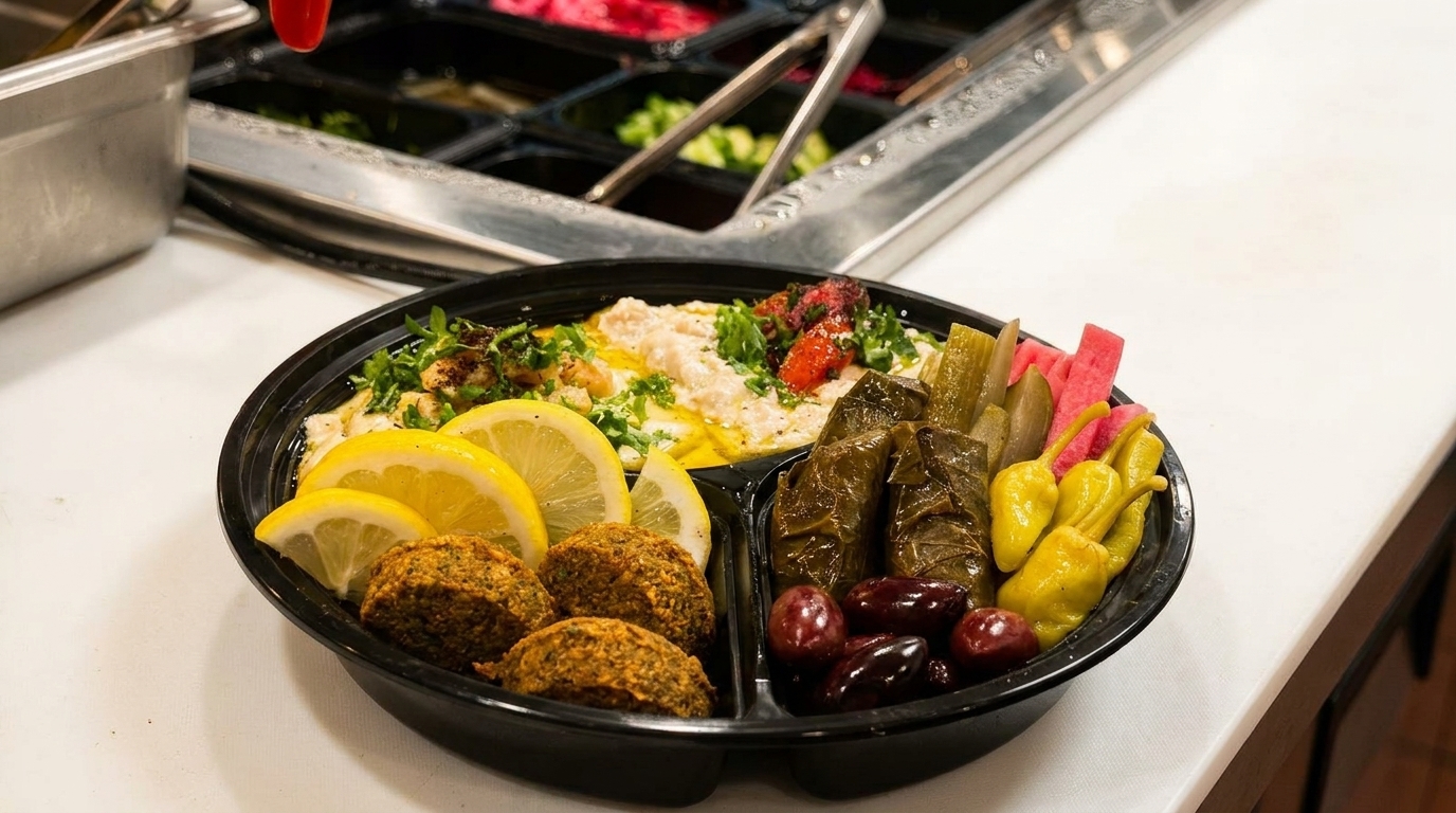 A black platter filled with hummus, falafel, lemon slices, stuffed grape leaves, olives, and pickled vegetables.