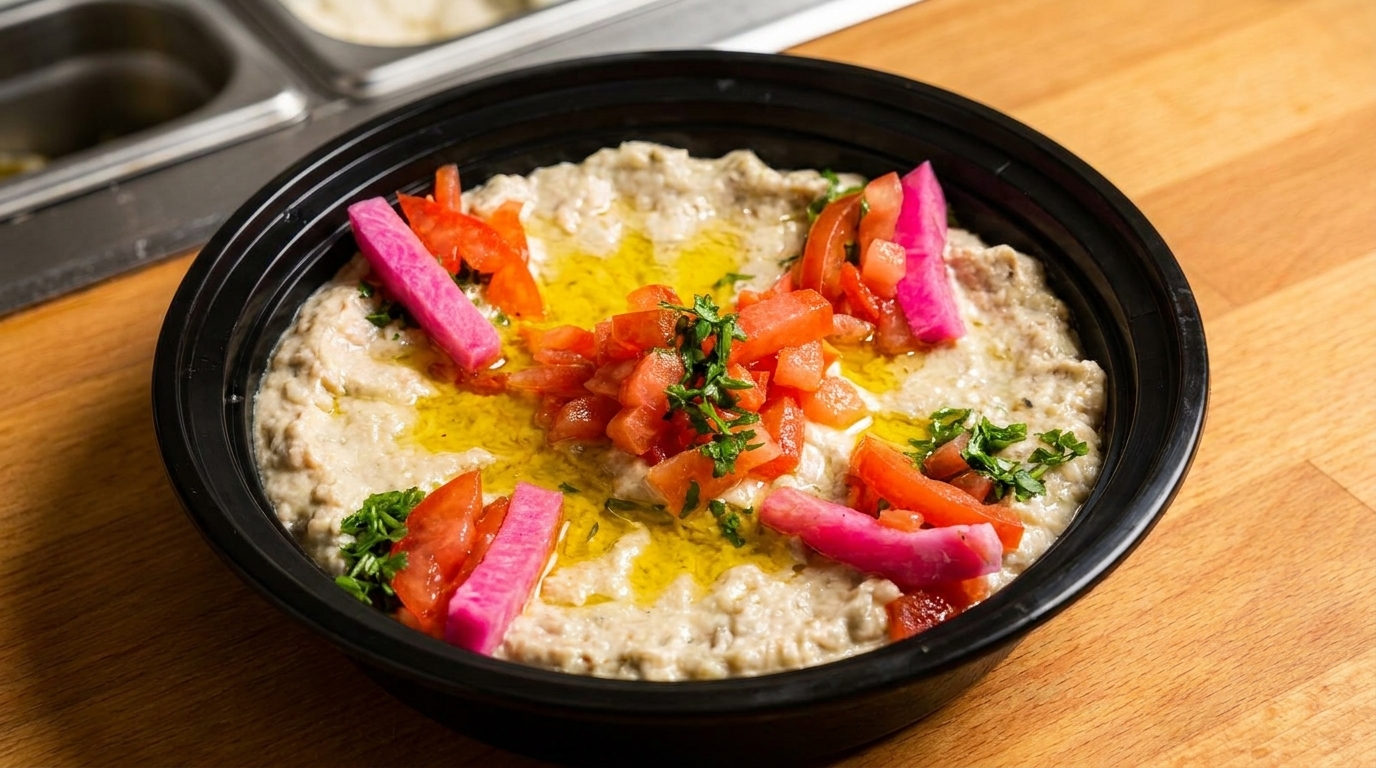 Baba Ghanoush topped with diced tomatoes, pickled radishes, parsley, and olive oil.