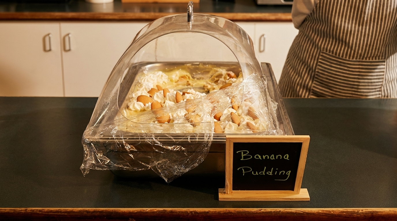 A large tray of banana pudding with whipped cream and vanilla wafers, covered by a clear dome.