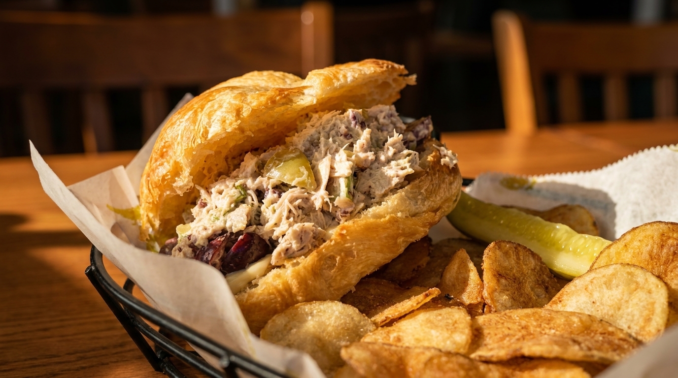 Chicken salad croissant sandwich with potato chips and a pickle spear in a basket.