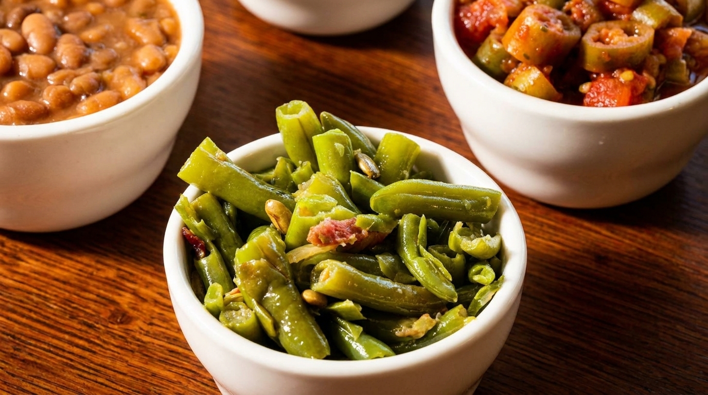 Bowls of green beans with bacon, baked beans, and stewed okra and tomatoes on a wooden table.