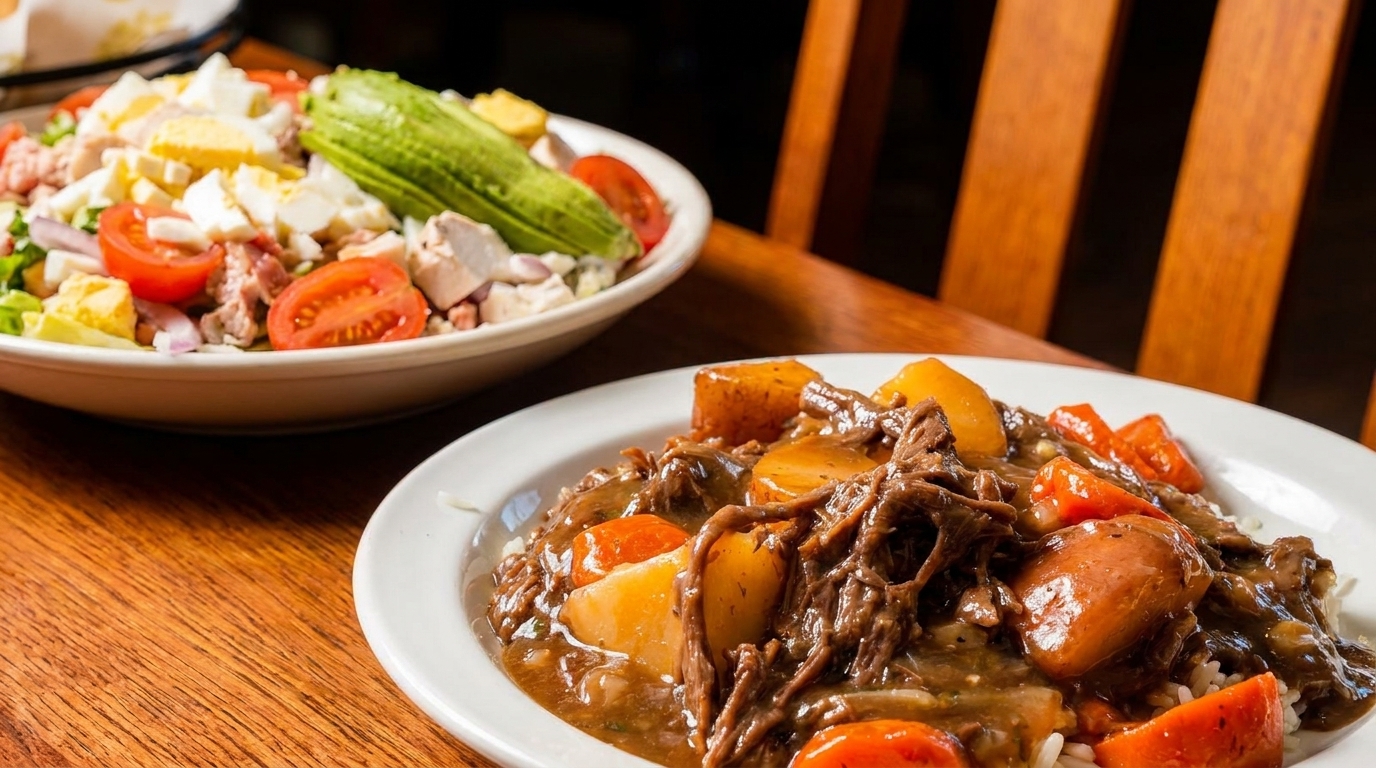 A hearty beef stew with potatoes and carrots, alongside a fresh Cobb salad on a wooden table.