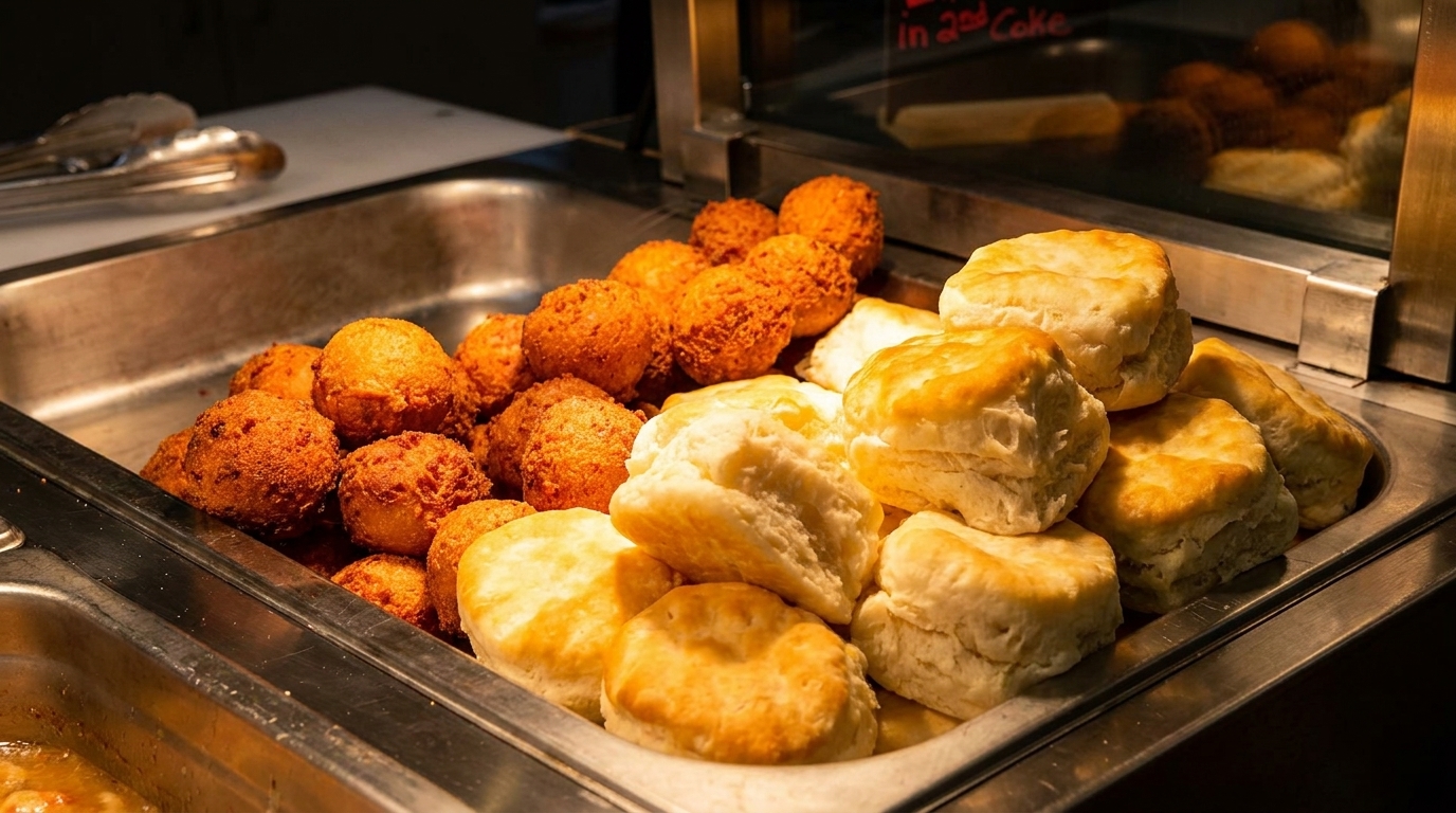 Golden-brown biscuits and hushpuppies displayed in a metal serving tray at a buffet.