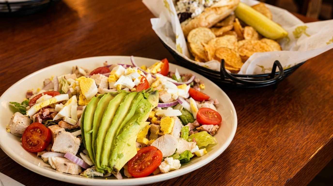 Cobb salad with avocado, chicken, egg, and tomatoes, next to a basket of chips and a sandwich.