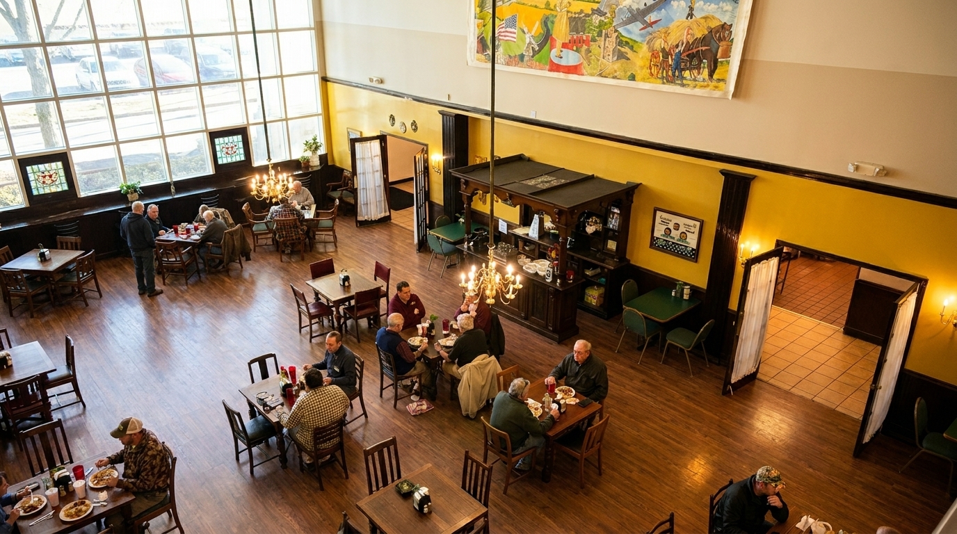 Overhead view of a bustling restaurant dining room with patrons seated at wooden tables.