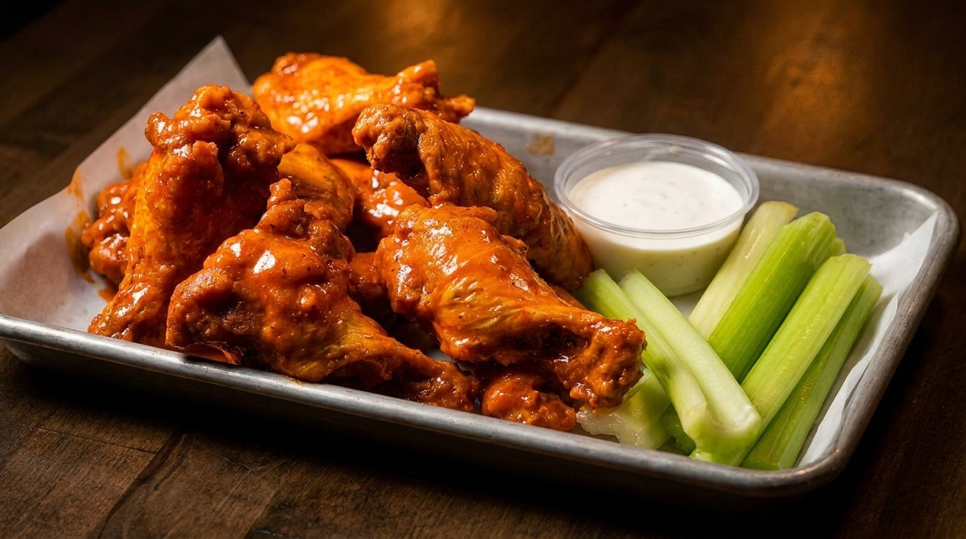 A metal tray of buffalo chicken wings with ranch dressing and celery sticks on a wooden table.