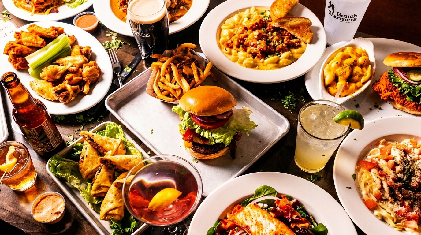 A table laden with various dishes including wings, burgers, fries, pasta, mac and cheese, and cocktails.