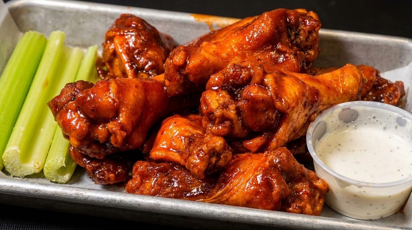 Close-up of saucy chicken wings, celery sticks, and a side of ranch dressing on a metal tray.