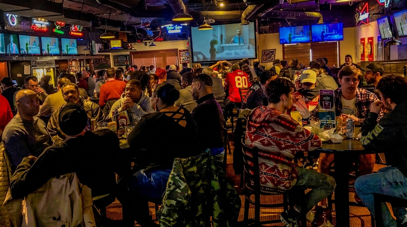 A crowded sports bar with patrons seated at tables, watching multiple televisions displaying various programs.