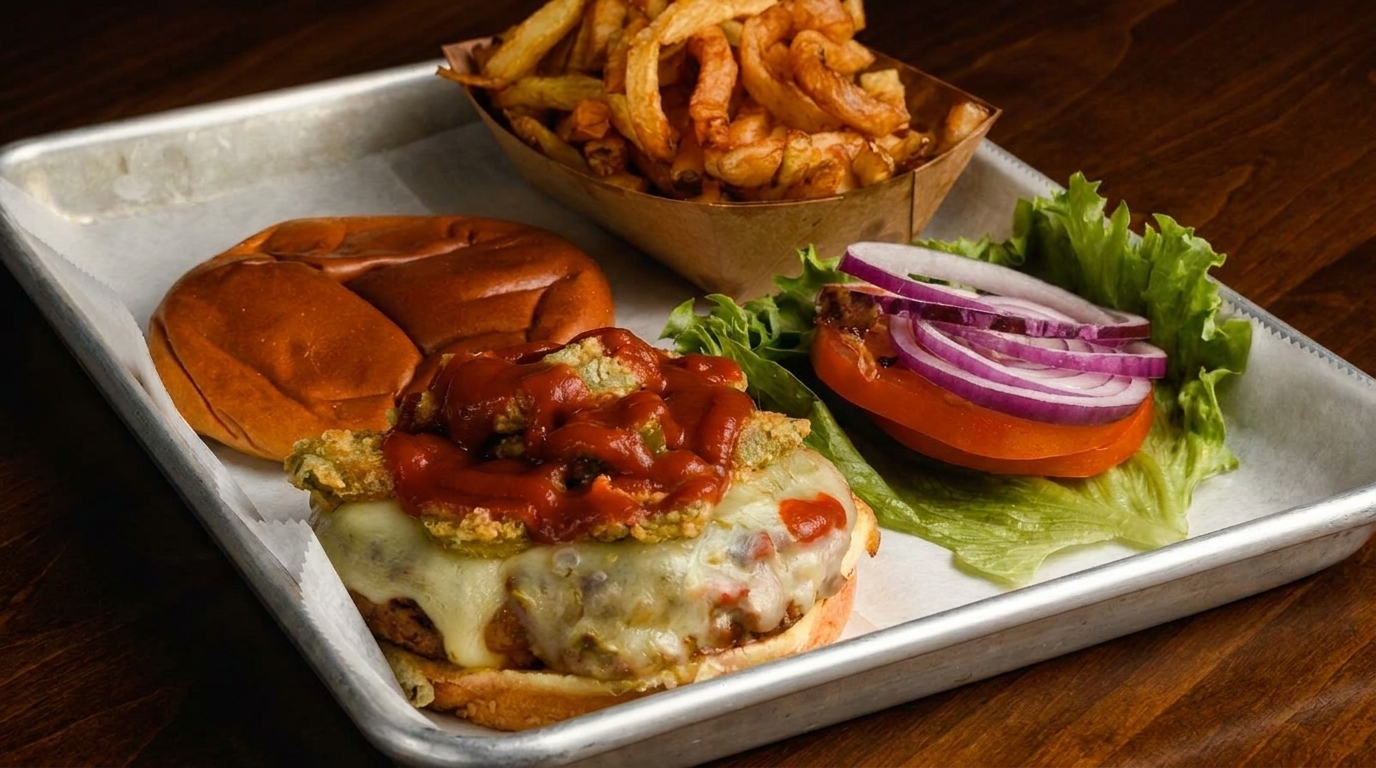 A burger with cheese, fried jalapeños, ketchup, lettuce, tomato, and red onion, with fries.