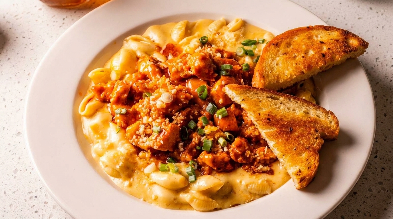 Buffalo chicken mac and cheese with toasted bread on a white plate.