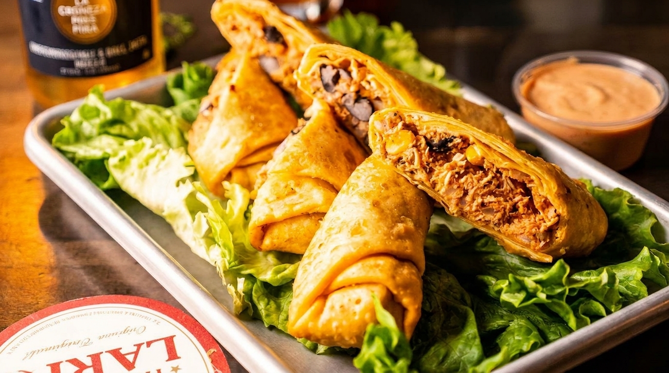 Crispy fried egg rolls filled with chicken, black beans, and corn, served on lettuce with dipping sauce.