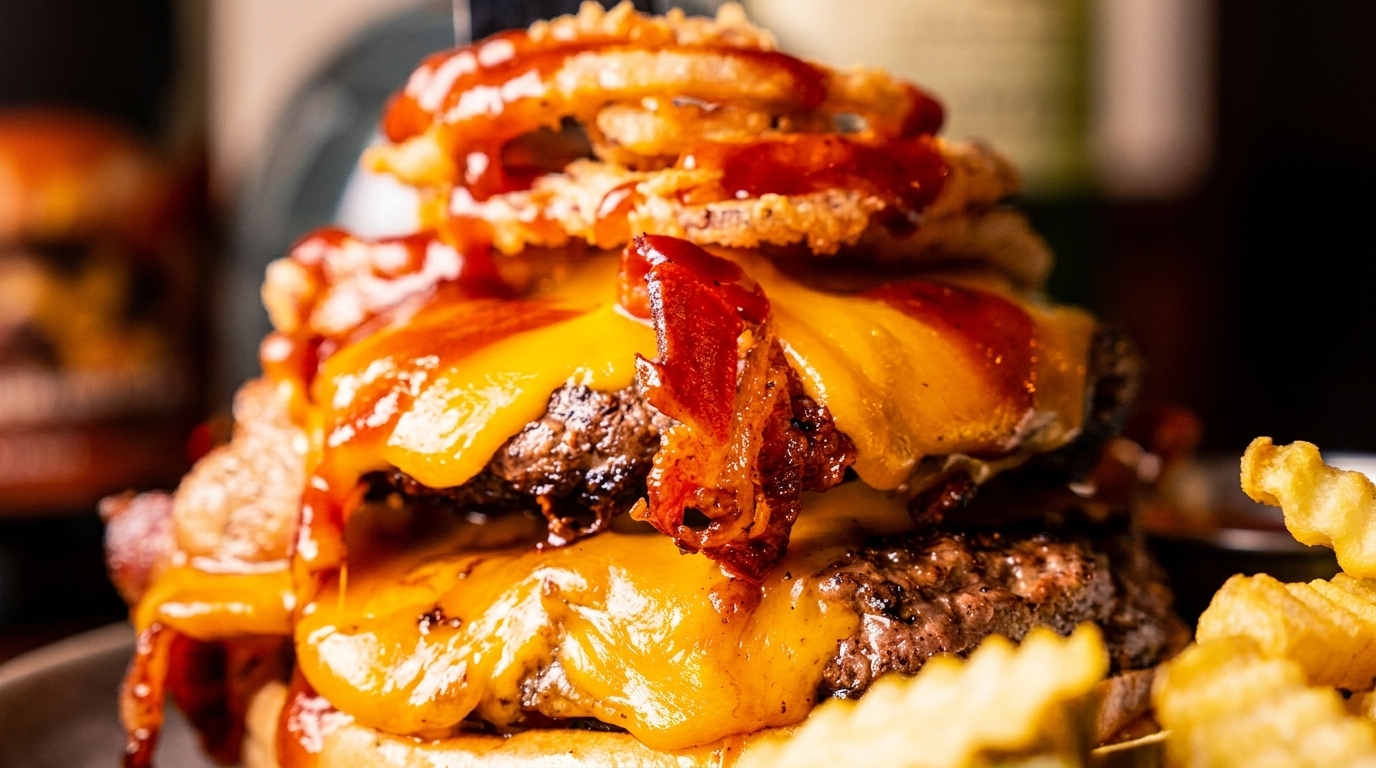 Close-up of a double cheeseburger with bacon, onion rings, and barbecue sauce, next to crinkle-cut fries.