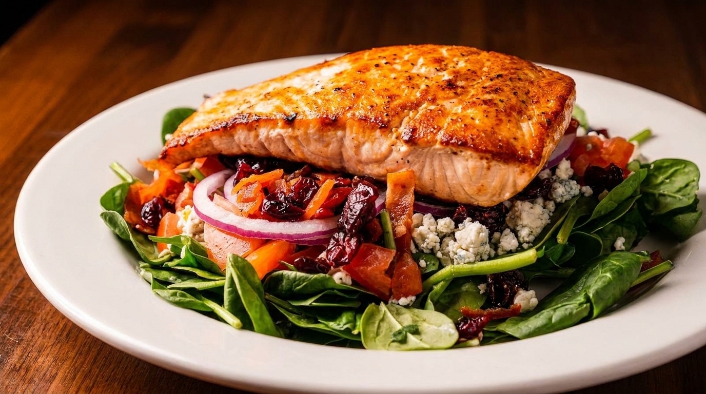 Grilled salmon fillet on a bed of spinach, red onion, dried cranberries, and blue cheese crumbles.