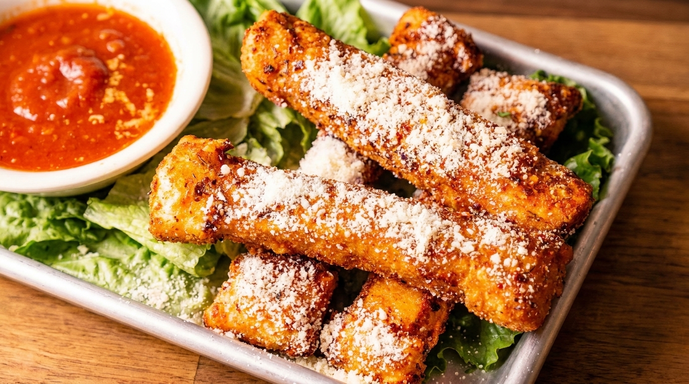 Golden-brown mozzarella sticks, sprinkled with Parmesan cheese, served with marinara sauce on a bed of lettuce.