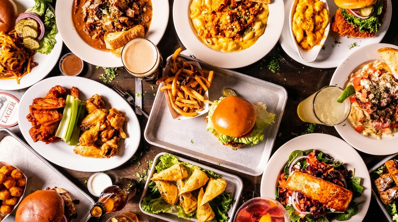 Overhead view of a table laden with various dishes including wings, burgers, pasta, and drinks.