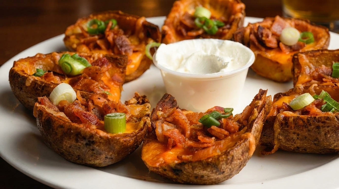 A plate of potato skins filled with cheese, bacon, and green onions, served with sour cream.