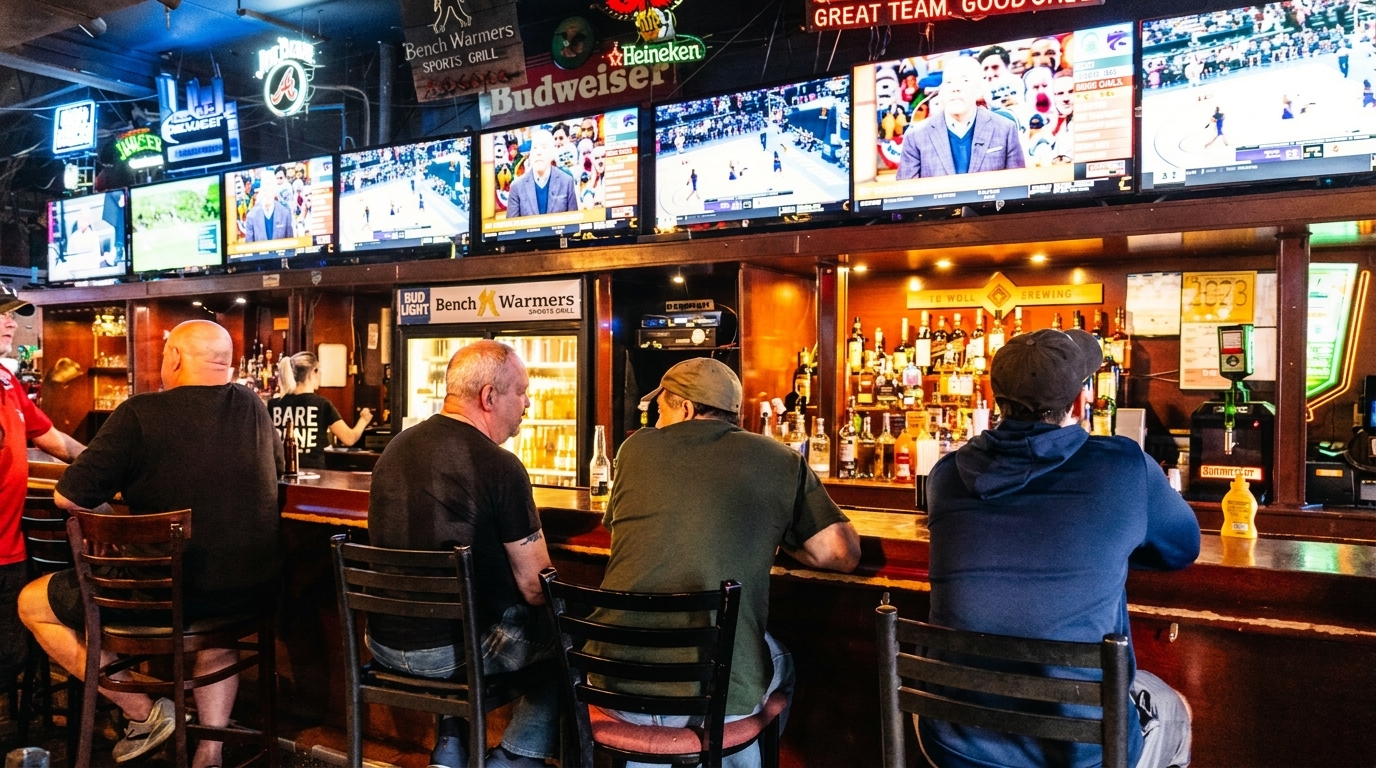 Patrons sit at a bar watching multiple sports games on large screens at Bench Warmers Sports Grill.
