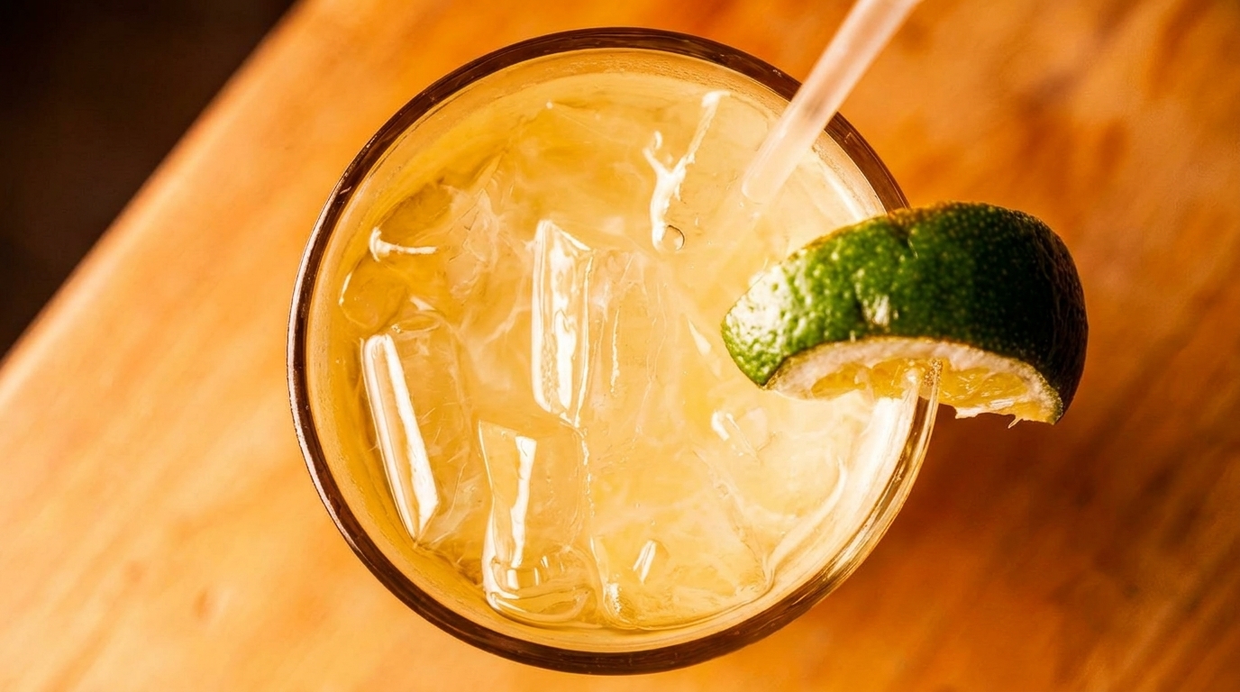 Overhead view of a refreshing iced drink with a lime wedge and straw on a wooden table.