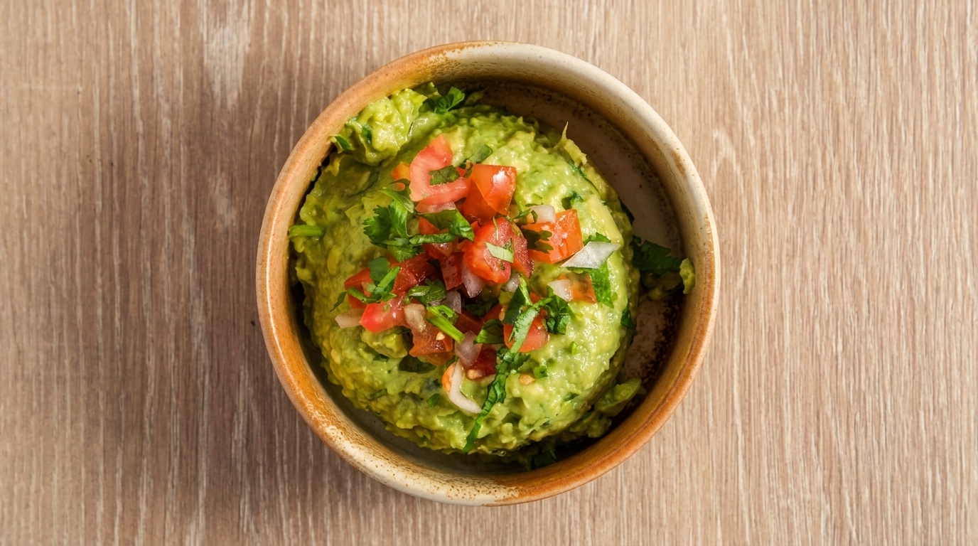 A bowl of guacamole topped with diced tomatoes, onions, and cilantro on a wooden table.