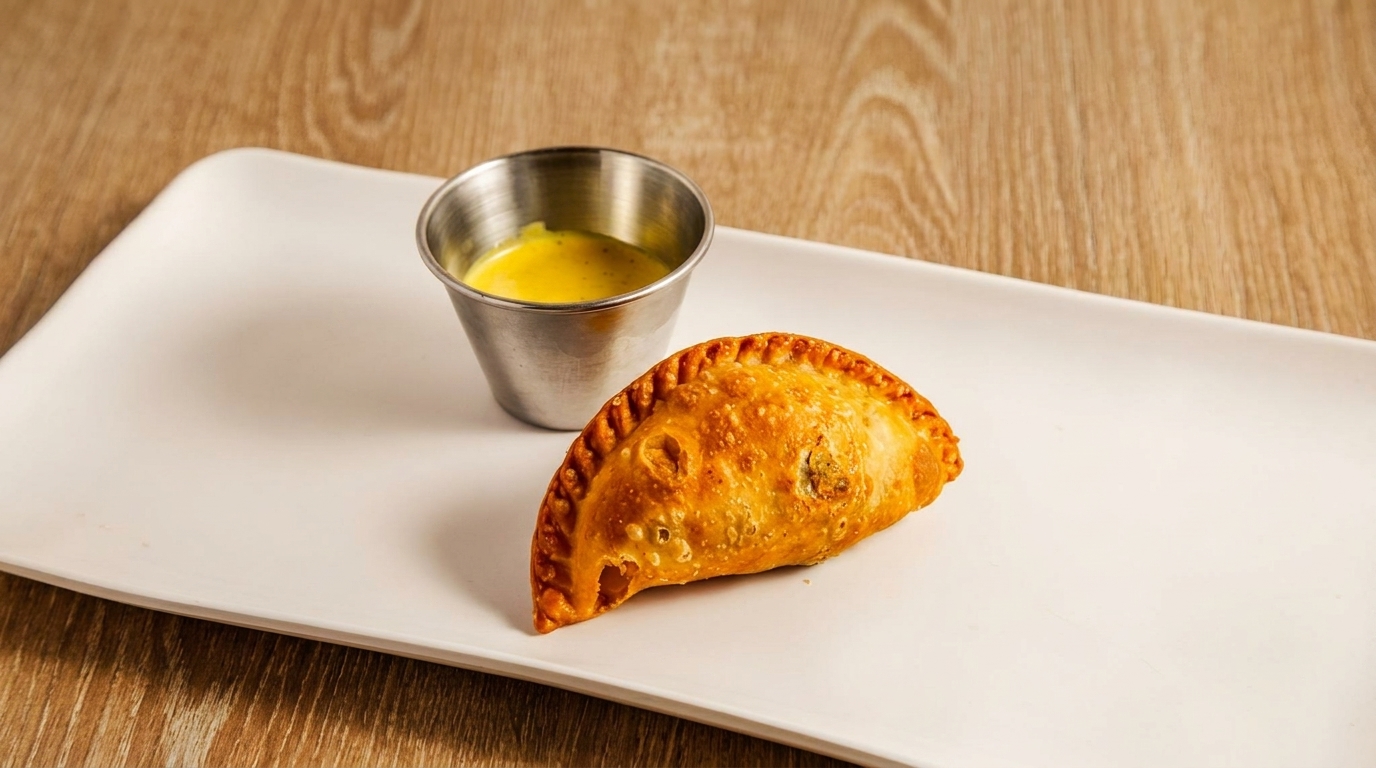 Golden-brown empanada with a crimped edge, served on a white rectangular plate with a side of yellow dipping sauce.