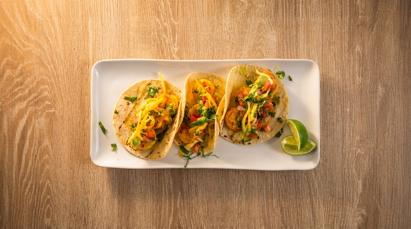 Three shrimp tacos with cheese, salsa, and cilantro, served with lime wedges on a white plate.