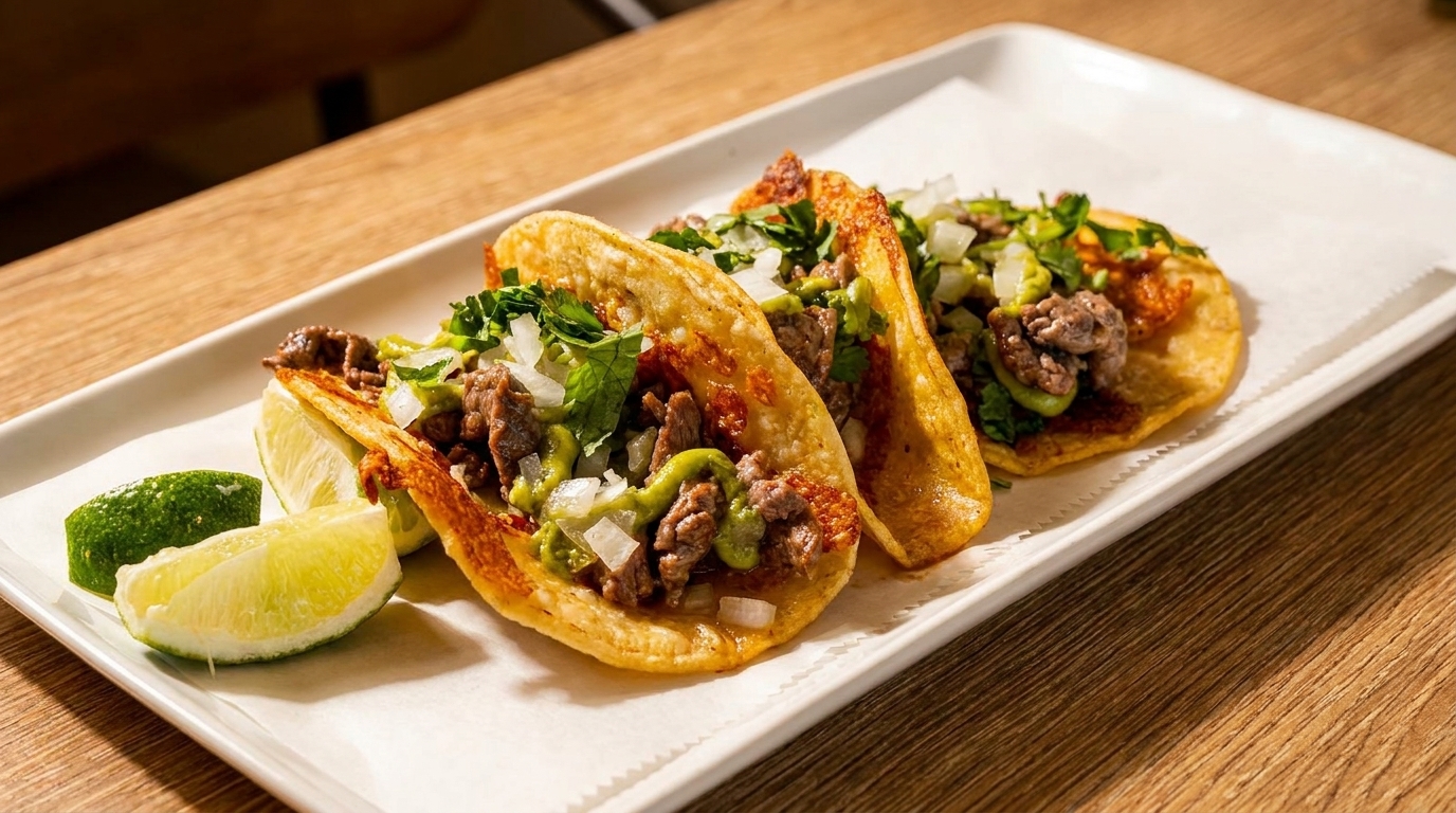 Three beef tacos with cilantro, onions, and green sauce, served with lime wedges on a white plate.