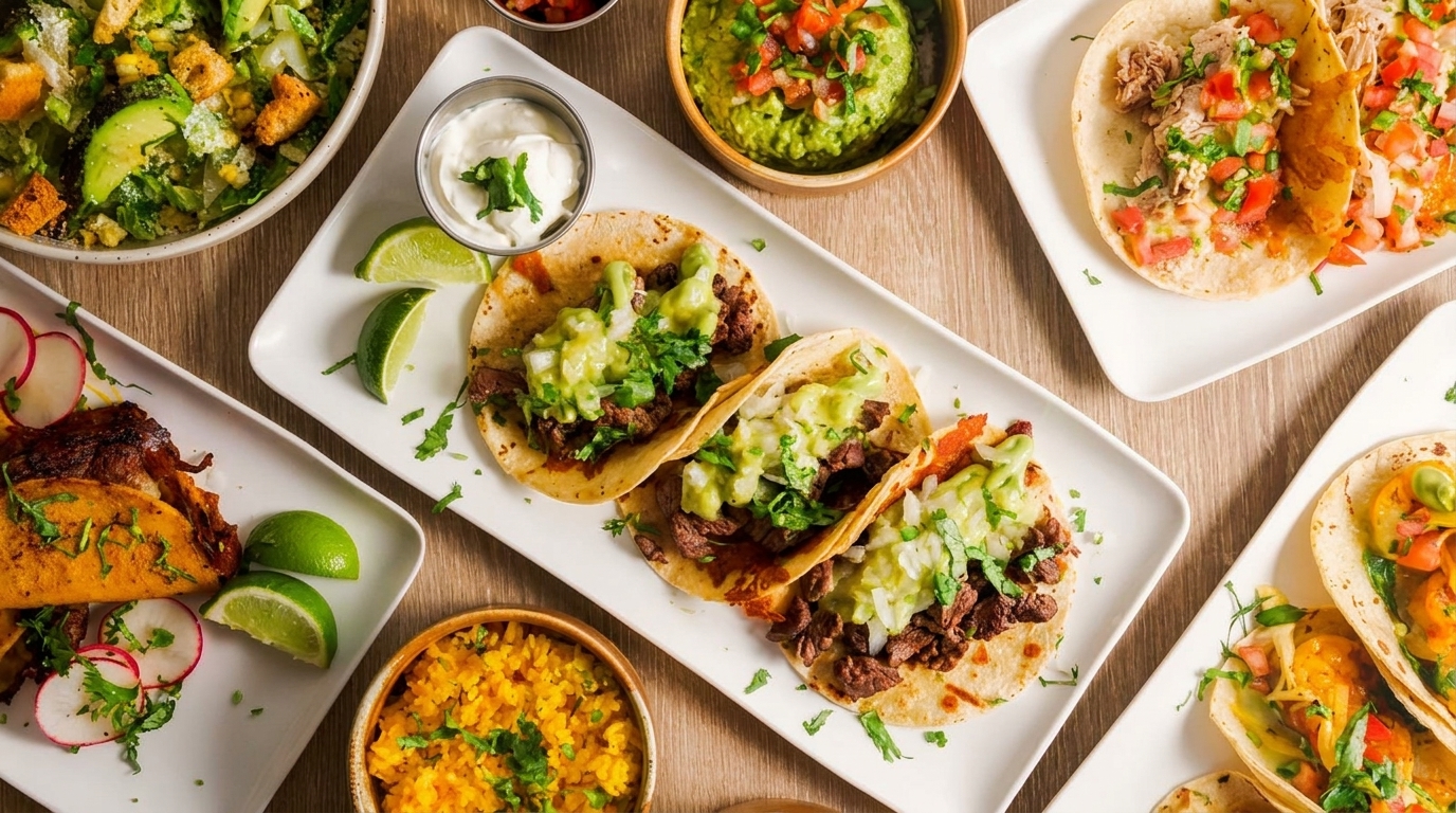 A vibrant spread of various tacos, guacamole, rice, and salad on a wooden table.