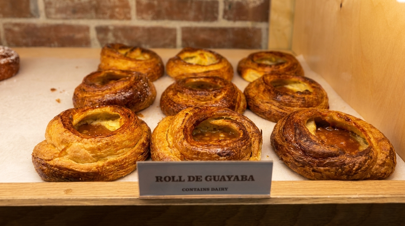 Golden-brown guava rolls with gooey centers displayed on a white paper-lined shelf in a bakery.