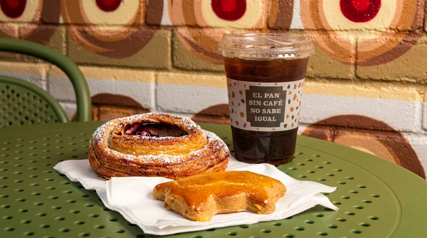 Iced coffee, a pastry with powdered sugar, and a star-shaped cookie on a green table.