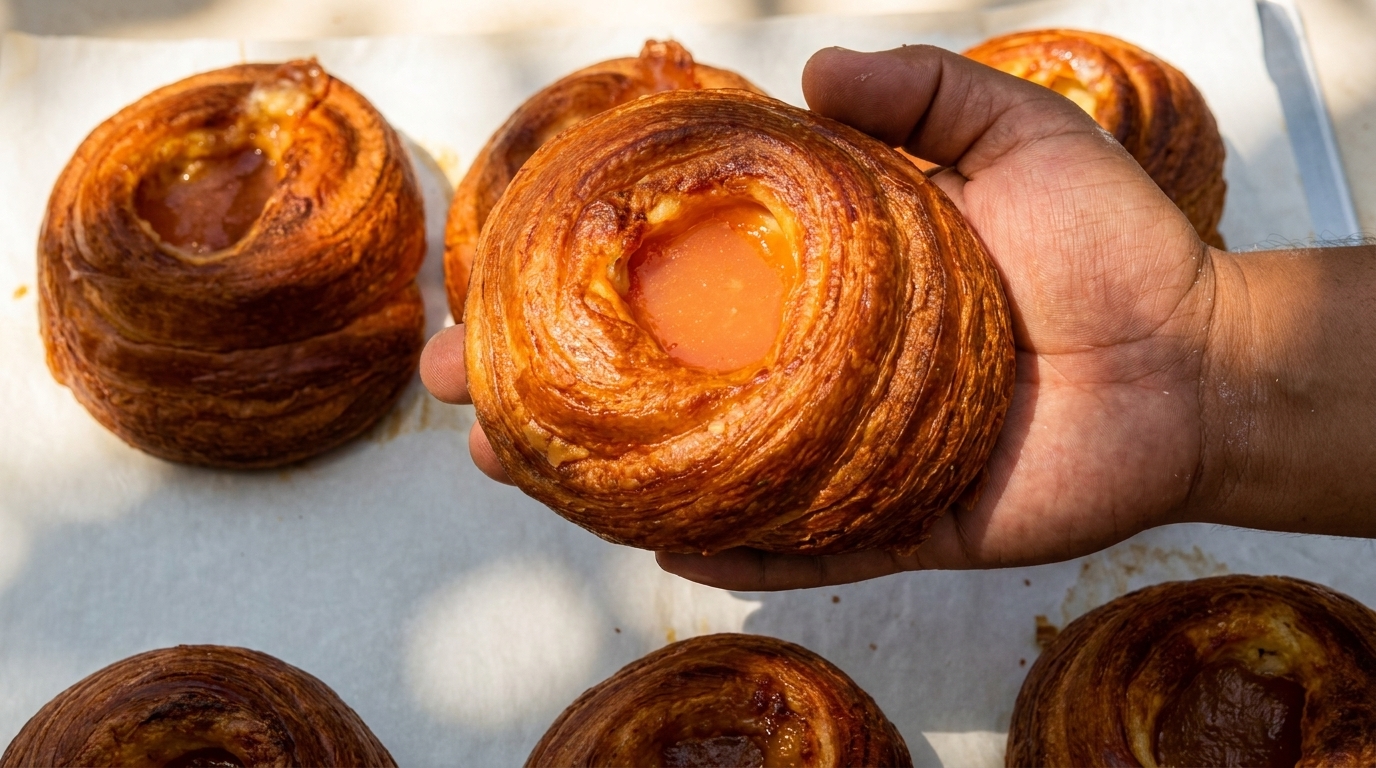 A hand holds a golden-brown pastry with a fruit filling, surrounded by similar pastries on parchment paper.