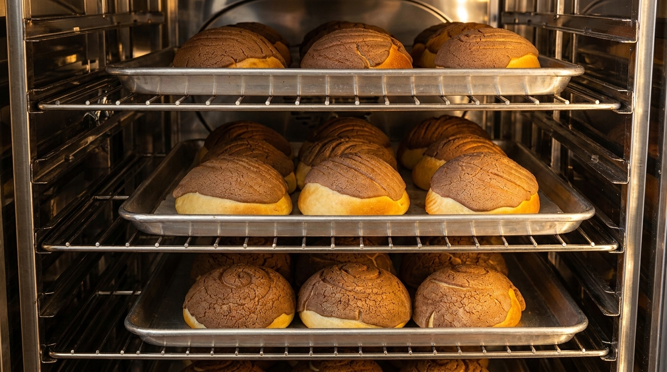 Multiple trays of freshly baked conchas, a Mexican sweet bread, stacked inside an oven.