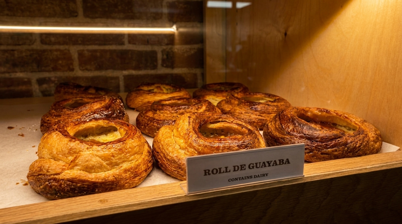 Golden-brown guava rolls with a sign that reads "ROLL DE GUAYABA" in a bakery display case.