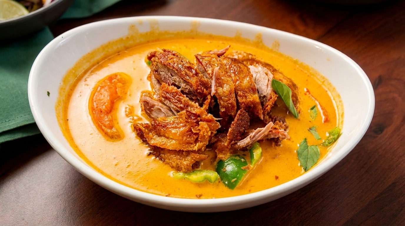 Crispy duck in a rich orange curry sauce with green peppers and basil in a white bowl.