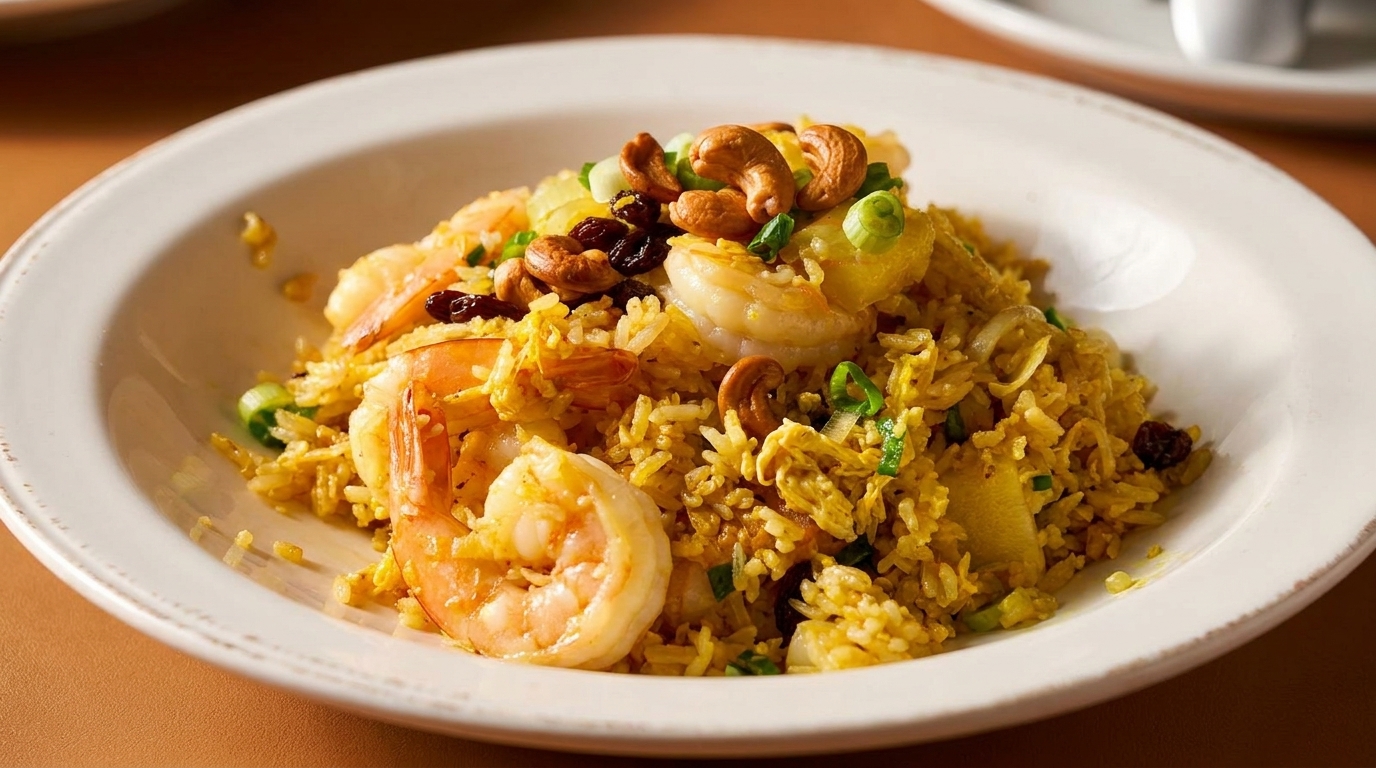 Close-up of shrimp fried rice with cashews, raisins, and green onions in a white bowl.