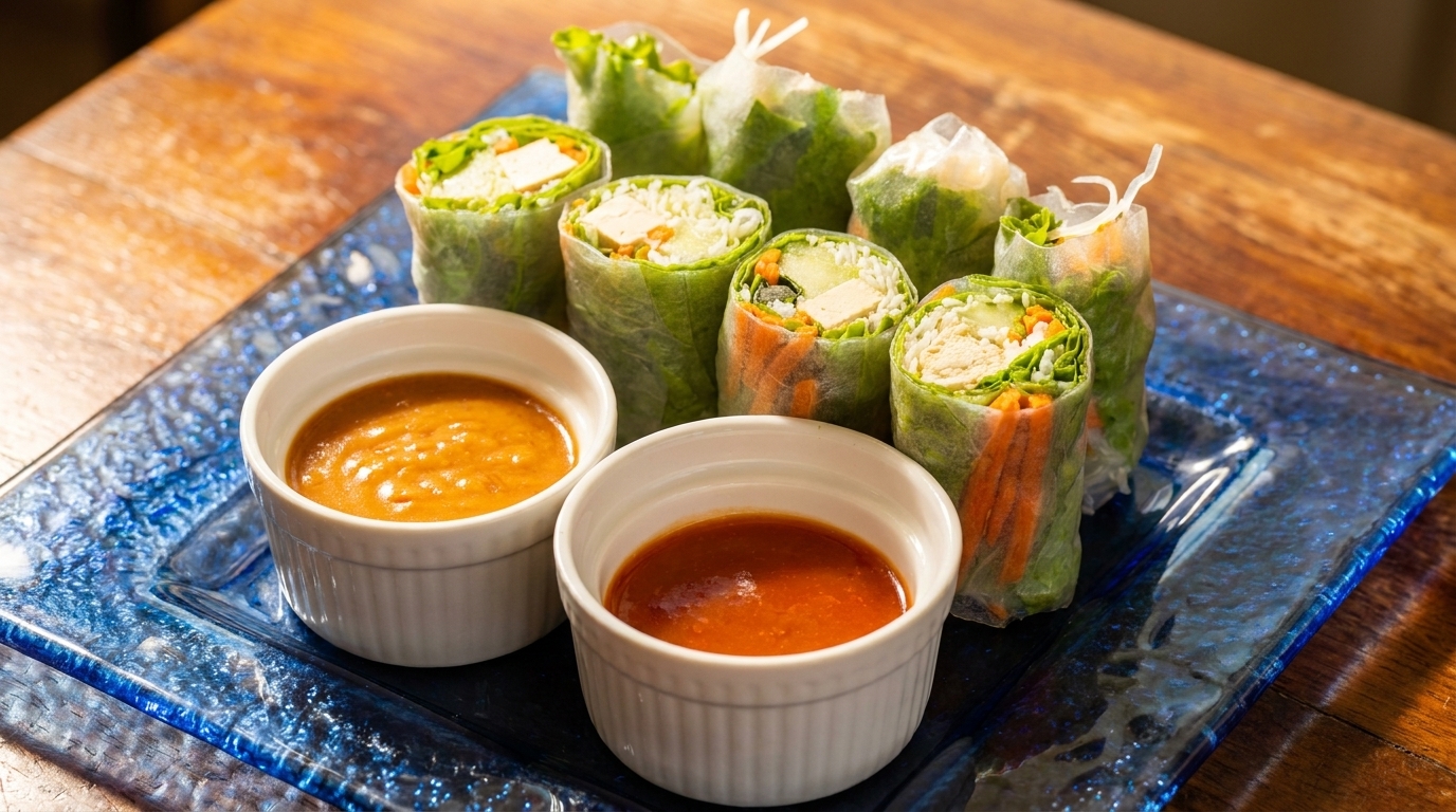 Fresh spring rolls with chicken and vegetables, served with peanut and chili dipping sauces.