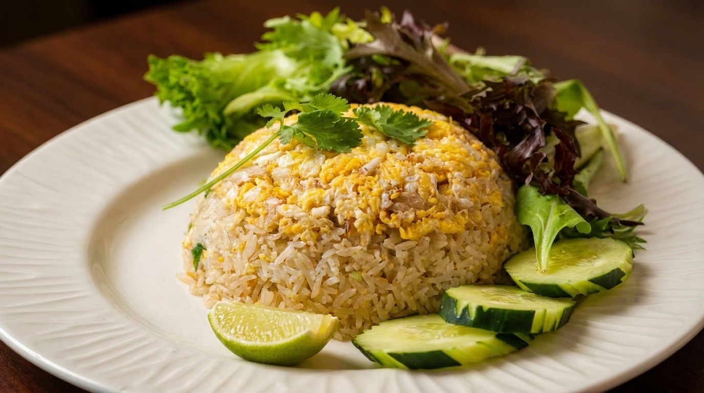 Crab fried rice topped with scrambled egg, cilantro, lime, cucumber, and mixed greens.