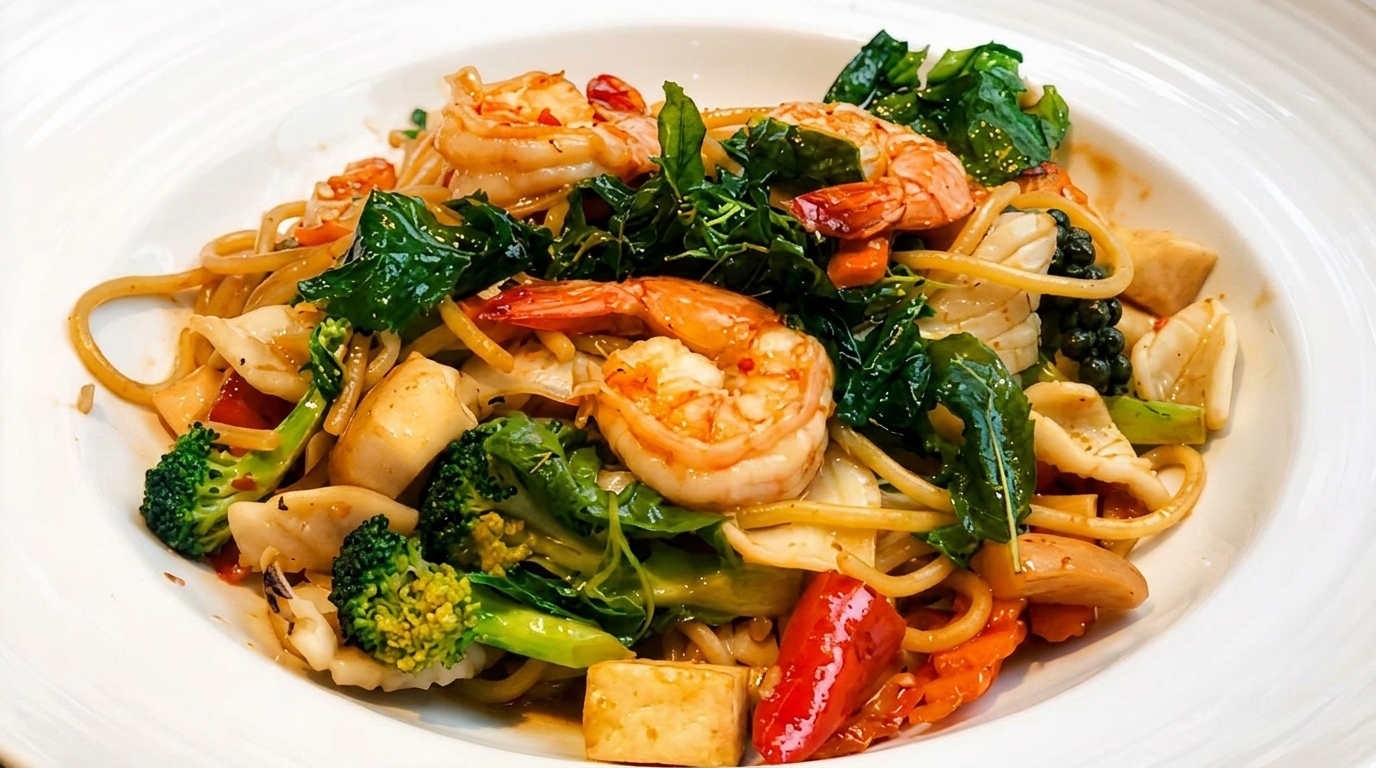 Spicy seafood spaghetti with shrimp, squid, broccoli, and red peppers in a white bowl.