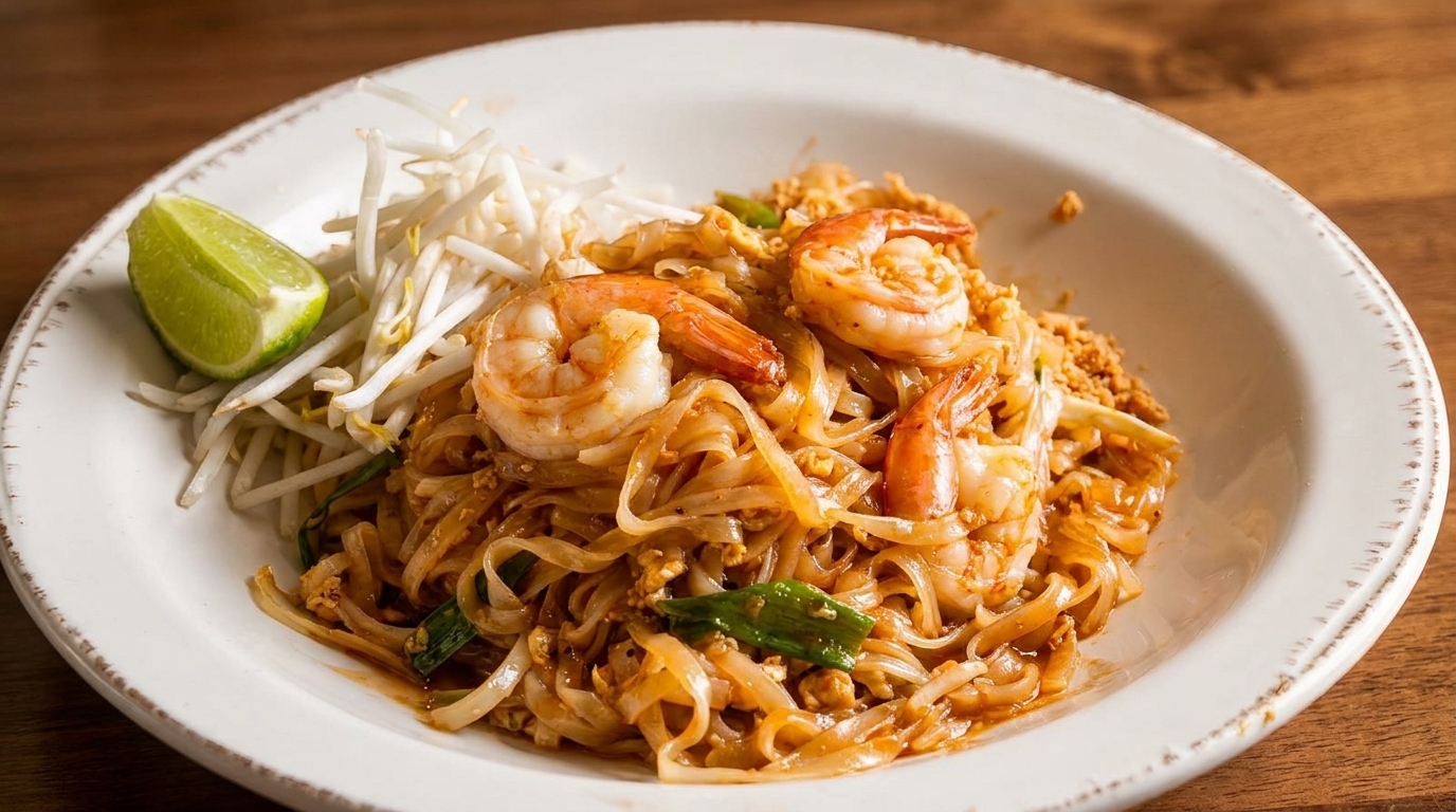 Shrimp Pad Thai with bean sprouts, a lime wedge, and crushed peanuts on a white plate.