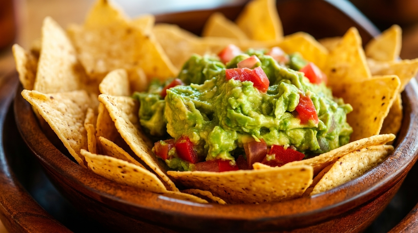 Close-up of a wooden bowl filled with tortilla chips surrounding a vibrant green guacamole with diced tomatoes.