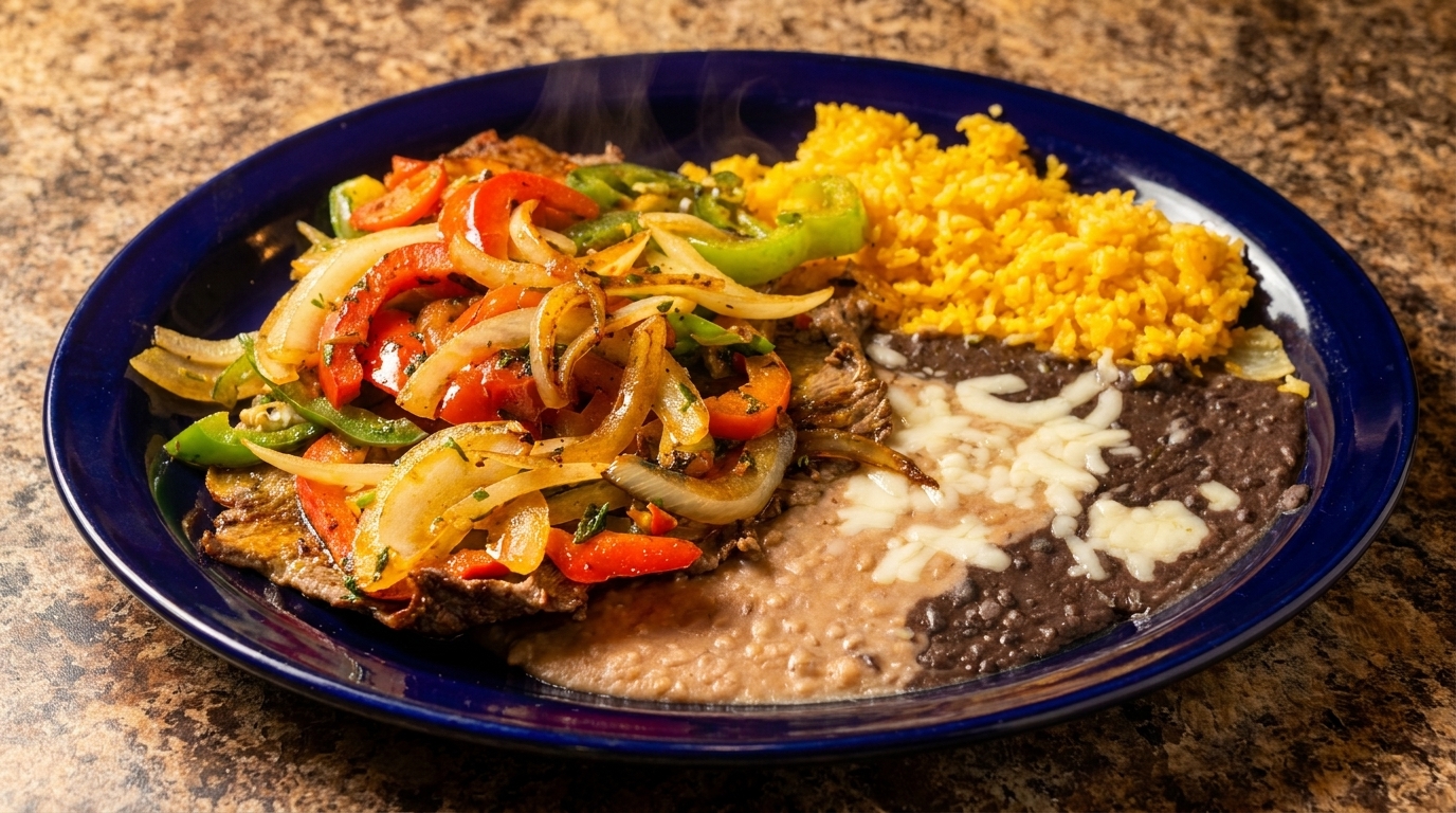 Steaming fajitas with colorful peppers and onions, yellow rice, and refried beans with cheese on a blue plate.