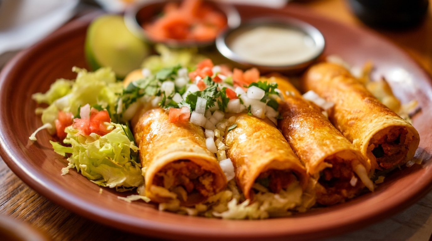 Four golden taquitos topped with pico de gallo, served with shredded lettuce, lime, and sauces.
