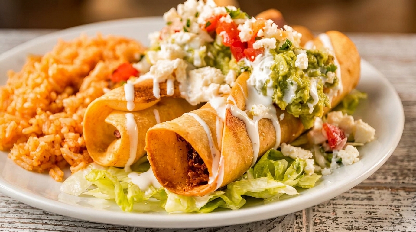 Two golden taquitos topped with guacamole, sour cream, and crumbled cheese, served with rice and lettuce.